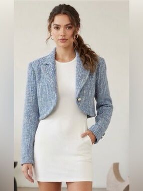 Sugar Thrillz Cropped Tweed Blazer in Blue Multi